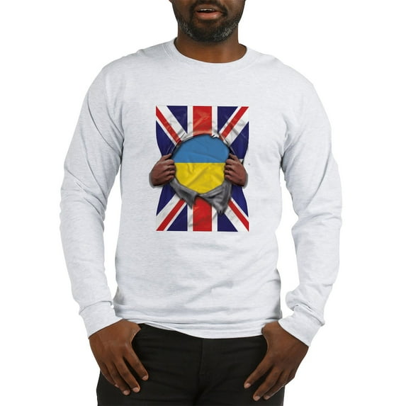 CafePress - Ukraine Flag Great Britain Flag Ripped Men's Long - Unisex Cotton Long Sleeve T-Shirt