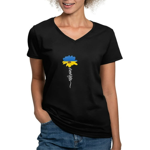 CafePress - Ukraine Flag Sunflower Vintage Ukrainian S T Shirt - Women's V-Neck Dark T-Shirt