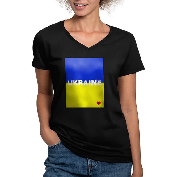 CafePress - Ukraine Heart T Shirt - Women's V-Neck Dark T-Shirt