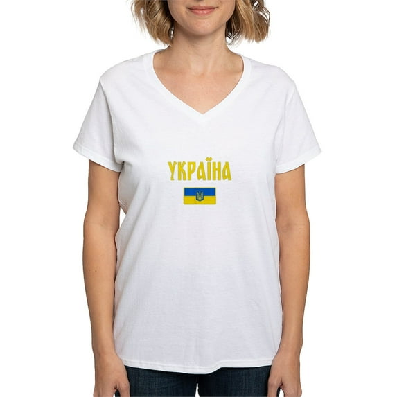 CafePress - Ukraine Ukrainian Flag Cyrillic T Shirt - Womens Cotton V-Neck T-shirt