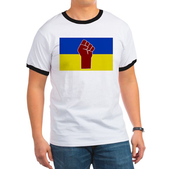 CafePress - Ukrainian Flag With Fist T Shirt - 100% Cotton Ringed T-Shirt