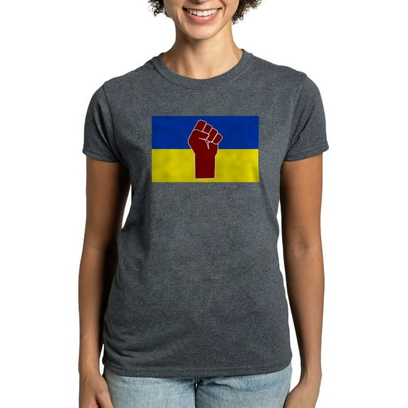 CafePress - Ukrainian Flag With Fist T Shirt - Women's Traditional Fit Dark T-Shirt