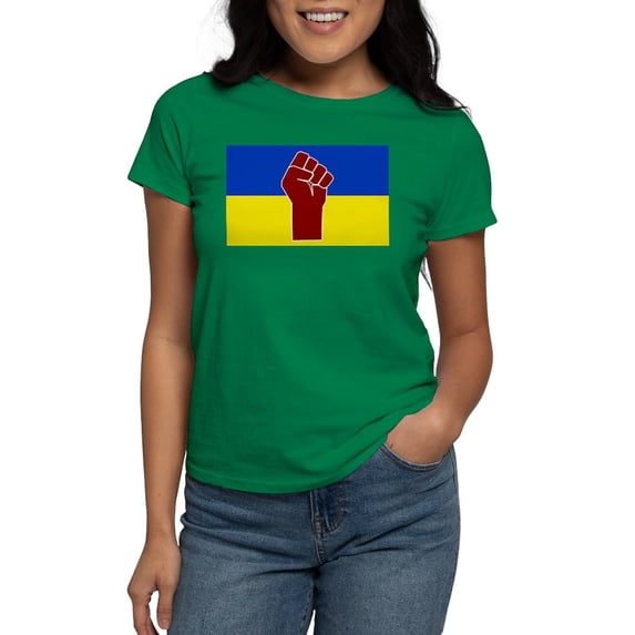 CafePress - Ukrainian Flag With Fist T Shirt - Women's Traditional Fit Dark T-Shirt