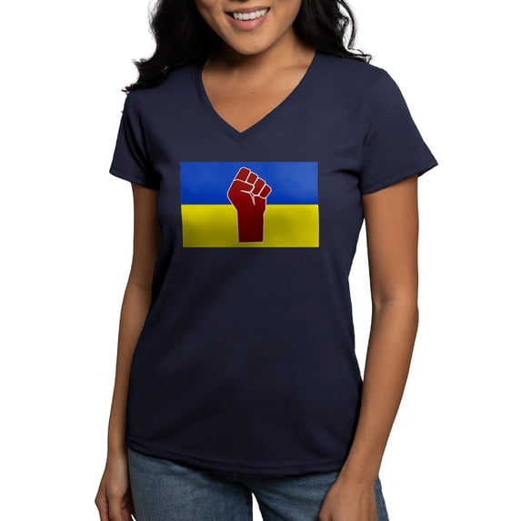 CafePress - Ukrainian Flag With Fist T Shirt - Women's V-Neck Dark T-Shirt