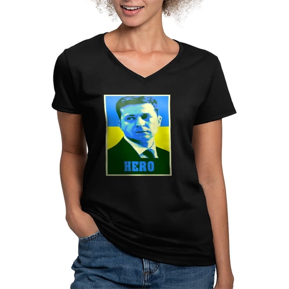 CafePress - Ukrainian President Zelenskyy Ukraine Flag T Shirt - Women's V-Neck Dark T-Shirt
