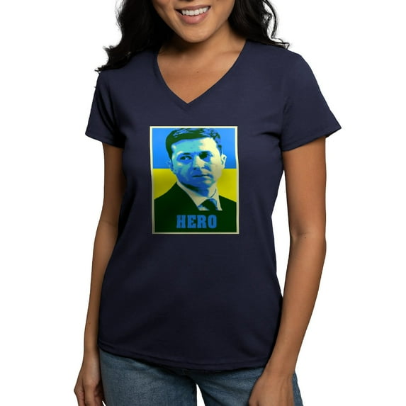 CafePress - Ukrainian President Zelenskyy Ukraine Flag T Shirt - Women's V-Neck Dark T-Shirt