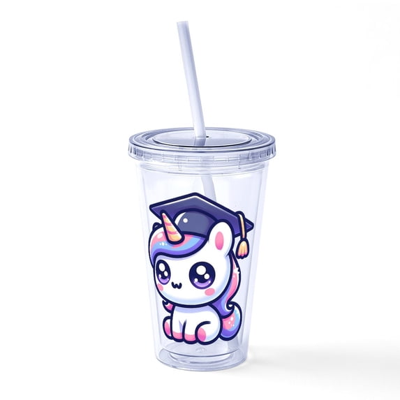 CafePress - Unicorn Graduate Cute School - 16 Ounce Classic Clear Insulated Double Wall Tumbler Cup with Lid Straw , Reusable