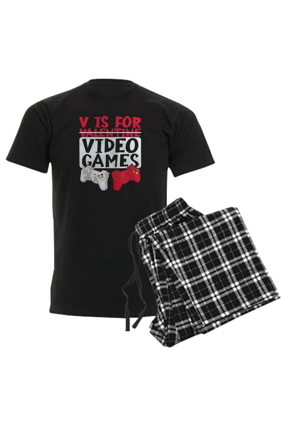 - V Is For Video Games Valentines Day Gamer Pajamas - Men's Dark Loose Fit Cotton Pajama Set
