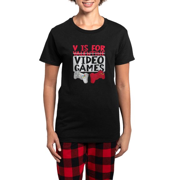 CafePress - V Is For Video Games Valentines Day Gamer Pajamas - Women's Short Sleeve Print T-Shirt and Pants Dark Cotton Pajama Set