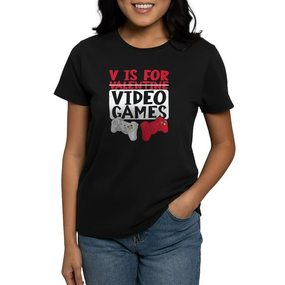 CafePress - V Is For Video Games Valentines Day Gamer T Shirt - Women's Traditional Fit Dark T-Shirt