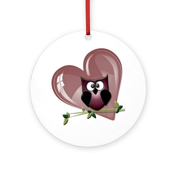 CafePress - Valentine Owl And Red Heart - Round Wood Ornament 4"