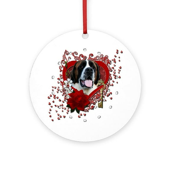 CafePress - Valentine_Red_Rose_Saint_Bernard_Ma - Round Wood Ornament 4"
