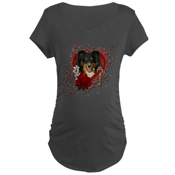 CafePress - Valentines Key To My Heart Sheltie Maternity D - Maternity Dark T-Shirt