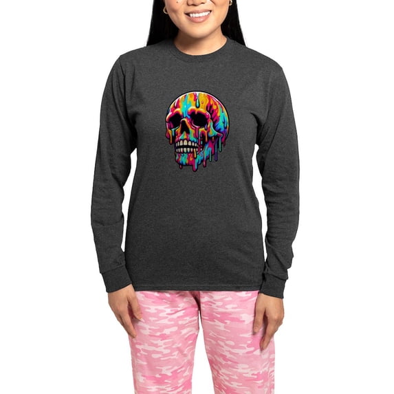CafePress - Vibrant Melting Skull - Women's Long Sleeve Charcoal Gray Pajamas