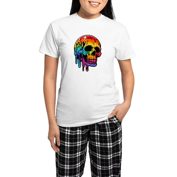 CafePress - Vibrant Multicolor Skull - Women's Short Sleeve Print T-Shirt and Pants Light Cotton Pajama Set