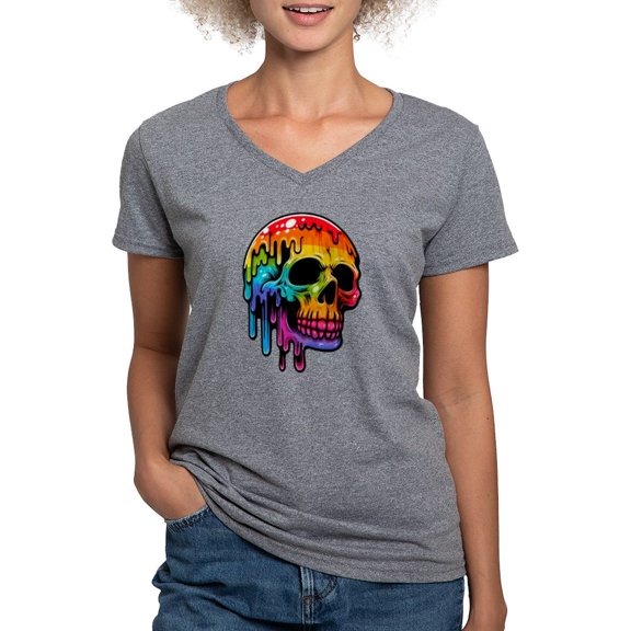 CafePress - Vibrant Multicolor Skull Women's V Neck T Shirt - Women's V-Neck Dark T-Shirt