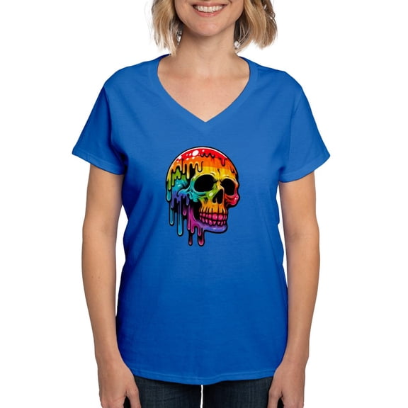 CafePress - Vibrant Multicolor Skull Women's V Neck T Shirt - Women's V-Neck Dark T-Shirt