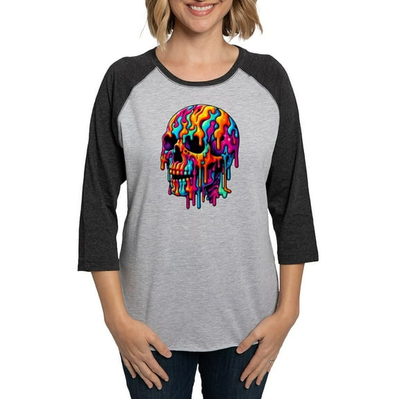 CafePress - Vibrant Psychedelic Skull Women's Baseball T Shirt - Womens Baseball Tee