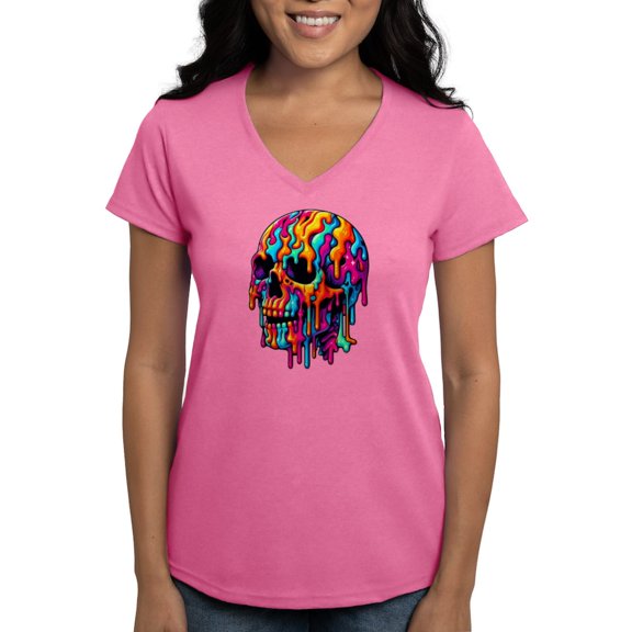 CafePress - Vibrant Psychedelic Skull Women's V Neck T Shirt - Women's V-Neck Dark T-Shirt