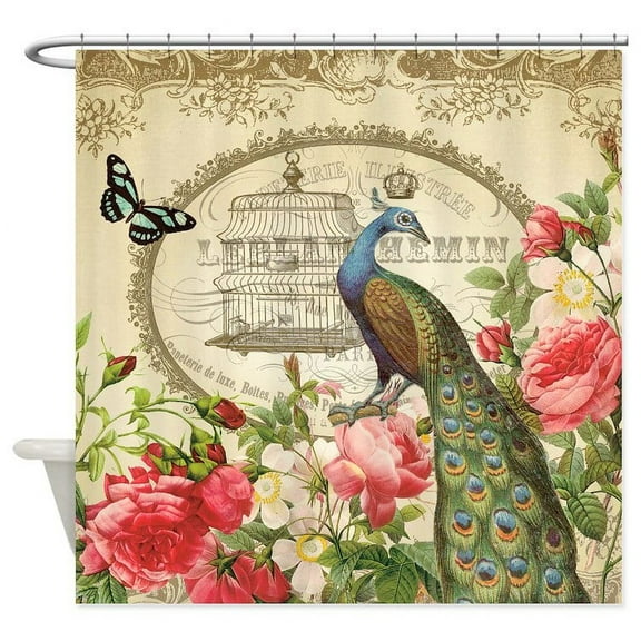 CafePress - Vintage French Peacock And Roses - Unique Fabric Shower Curtain 70" x 72"