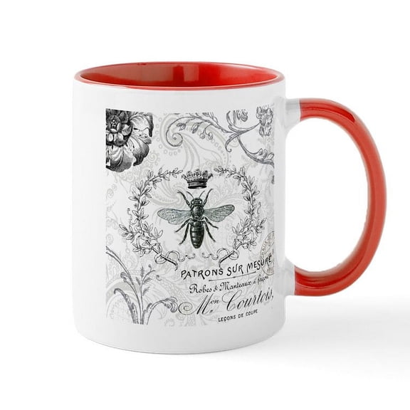 CafePress - Vintage French Shabby Chic Queen Bee Collage Mug - 11 oz Ceramic Mug - Novelty Coffee Tea Cup