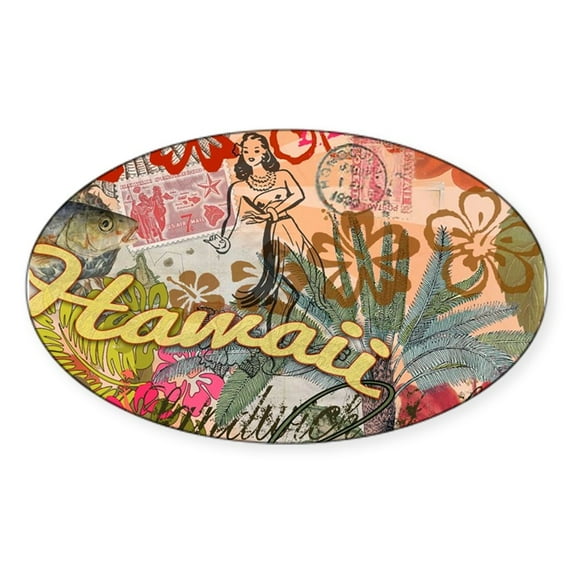 CafePress - Vintage Hawaii Travel Colorful Hawaiian Tropical S - Sticker (Oval)