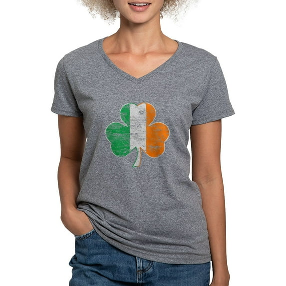 CafePress - Vintage Irish Flag Shamrock T Shirt - Women's V-Neck Dark T-Shirt