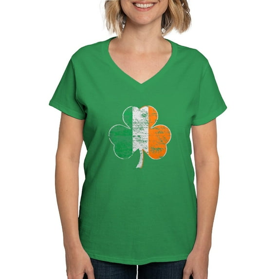 CafePress - Vintage Irish Flag Shamrock T Shirt - Women's V-Neck Dark T-Shirt