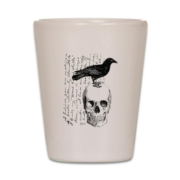 CafePress - Vintage Raven & Skull - White Shot Glass, Unique and Funny Shot Glass