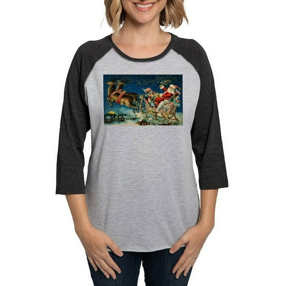 CafePress - Vintage Santa Sleigh Long Sleeve T Shirt - Womens Baseball Tee