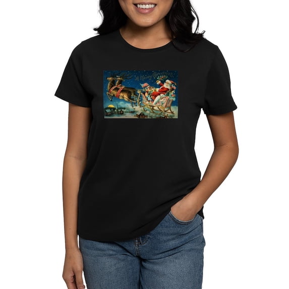 CafePress - Vintage Santa Sleigh T Shirt - Women's Traditional Fit Dark T-Shirt