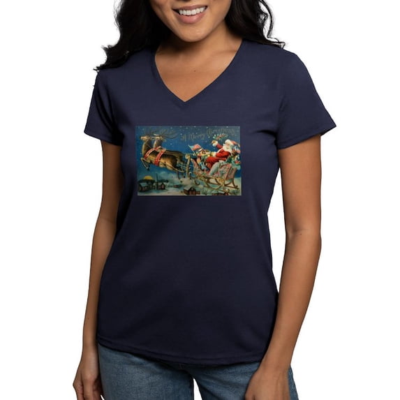 CafePress - Vintage Santa Sleigh T Shirt - Women's V-Neck Dark T-Shirt