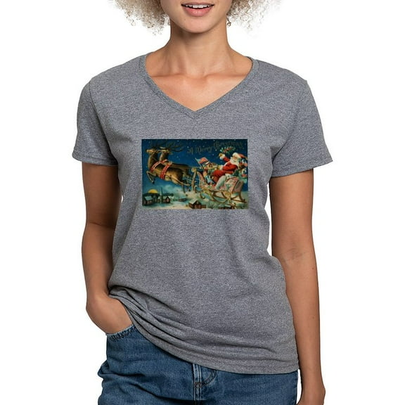 CafePress - Vintage Santa Sleigh T Shirt - Women's V-Neck Dark T-Shirt