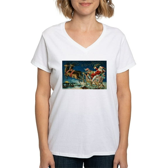 CafePress - Vintage Santa Sleigh T Shirt - Womens Cotton V-Neck T-shirt