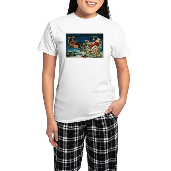 CafePress - Vintage Santa Sleigh Women's Light Pajamas - Women's Short Sleeve Print T-Shirt and Pants Light Cotton Pajama Set