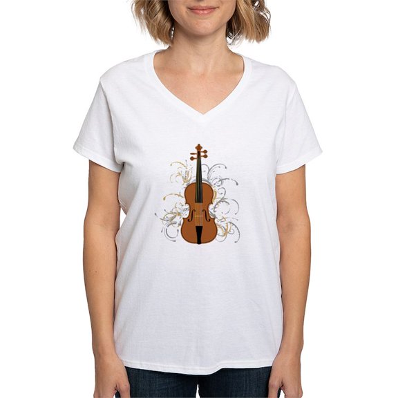 CafePress - Violin Swirls (For Dark Col Women's V Neck T Shirt - Womens Cotton V-Neck T-shirt