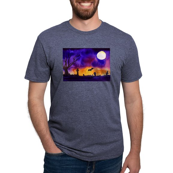 CafePress - Watercolor Halloween Night Men's Deluxe T Shirt - Mens Tri-blend T-Shirt