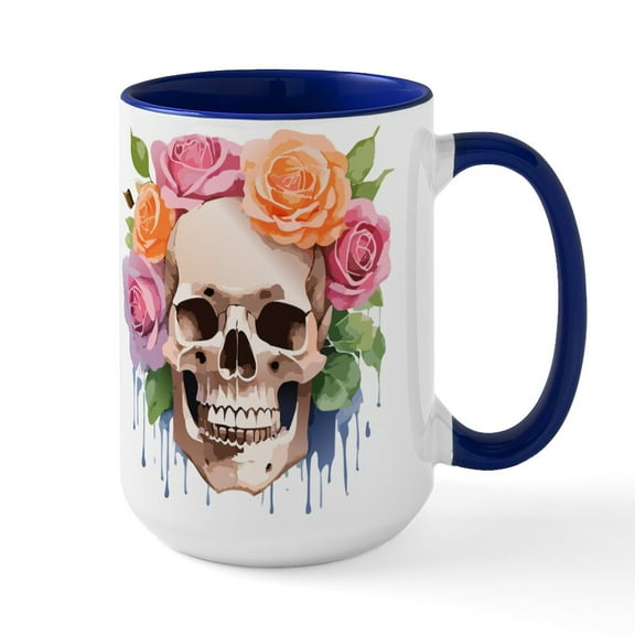 CafePress - Watercolor Skull & Roses - 15 oz Ceramic Large White Novelty Mug