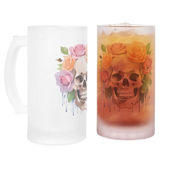CafePress - Watercolor Skull & Roses - 16 oz Frosted Glass Beer Mug