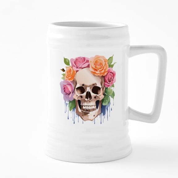 CafePress - Watercolor Skull & Roses - 25 Ounce Ceramic White Beer Stein Mug