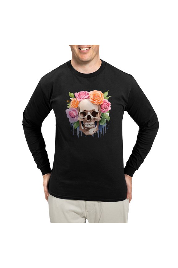 - Watercolor Skull & Roses Men's Long Sleeve T Shirt - Long Sleeve Dark T-Shirt