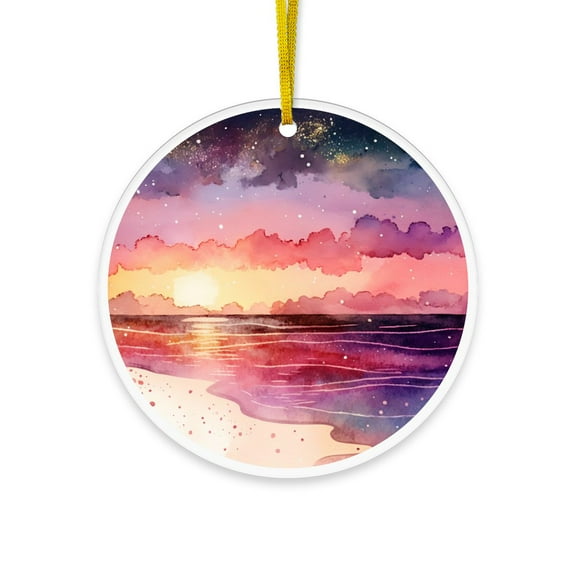 CafePress - Watercolor Sunset Beach - Acrylic Circle Christmas Ornament