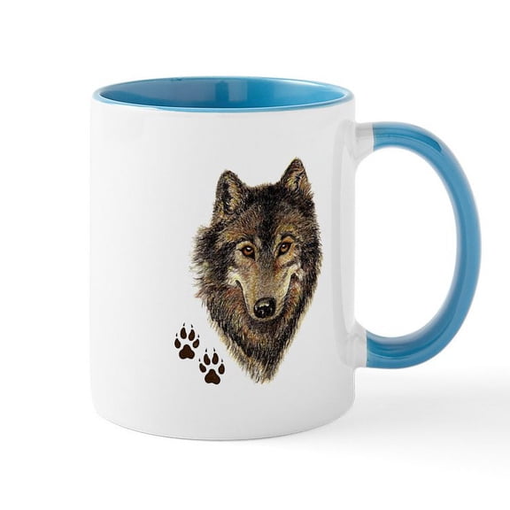 CafePress - Watercolor Wolf Head Logo & Tracks Mugs - 11 oz Ceramic Mug - Novelty Coffee Tea Cup