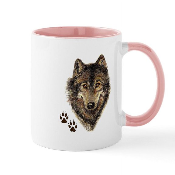 CafePress - Watercolor Wolf Head Logo & Tracks Mugs - 11 oz Ceramic Mug - Novelty Coffee Tea Cup
