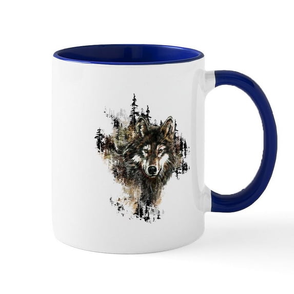 CafePress - Watercolor Wolf Mountain Art Mugs - 11 oz Ceramic Mug - Novelty Coffee Tea Cup