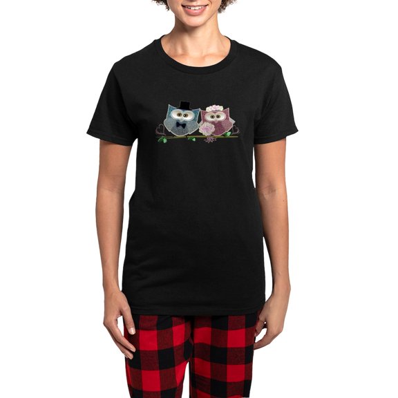 CafePress - Wedding Owls Art Pajamas - Women's Short Sleeve Print T-Shirt and Pants Dark Cotton Pajama Set
