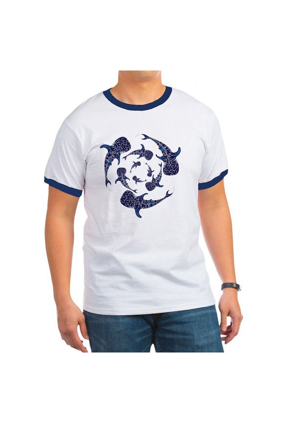 - Whale Sahrk Blue Spiral Ringer T - 100% Cotton Ringed T-Shirt
