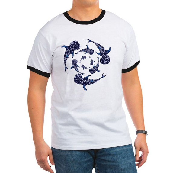CafePress - Whale Sahrk Blue Spiral Ringer T - 100% Cotton Ringed T-Shirt