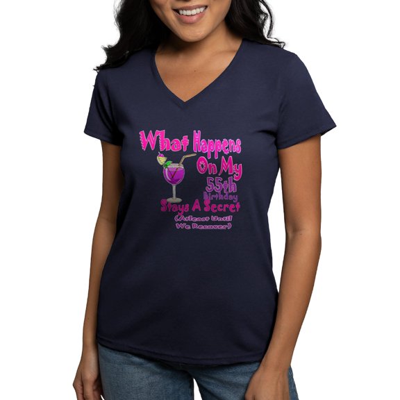 CafePress - What Happens On My 55Th Birth Women's V Neck Dark - Women's V-Neck Dark T-Shirt