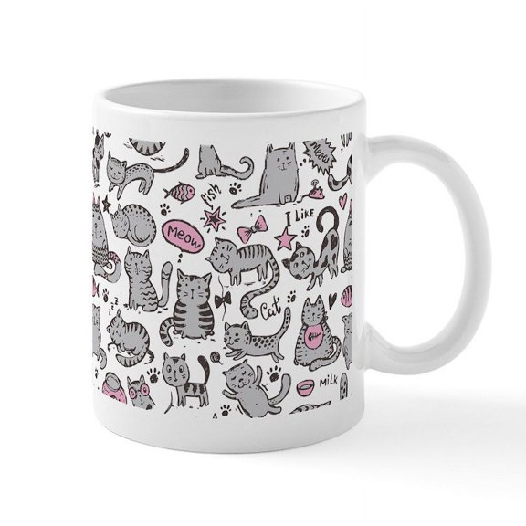 CafePress - Whimsical Cartoon Cat Pattern Mug - 11 oz Ceramic Mug - Novelty Coffee Tea Cup